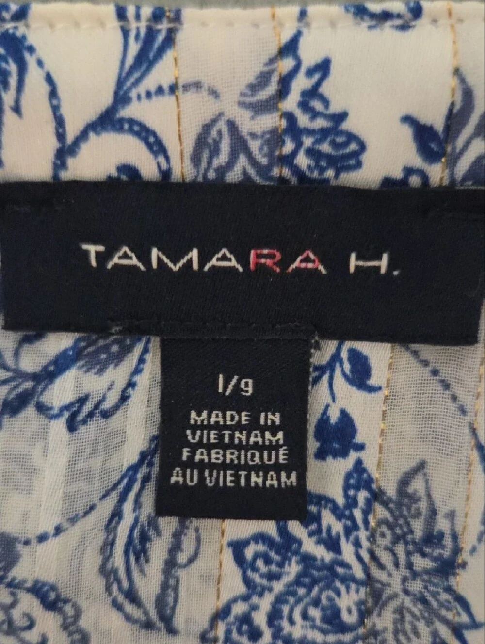 Tamara H White and Blue Floral Tie-Neck Polyester Long Sleeve Blouse - Size Lg - Picture 10 of 12